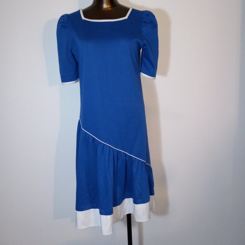 drop-waist ruffle hem dress vintage early 1980s polyester-cotton blend jersey
